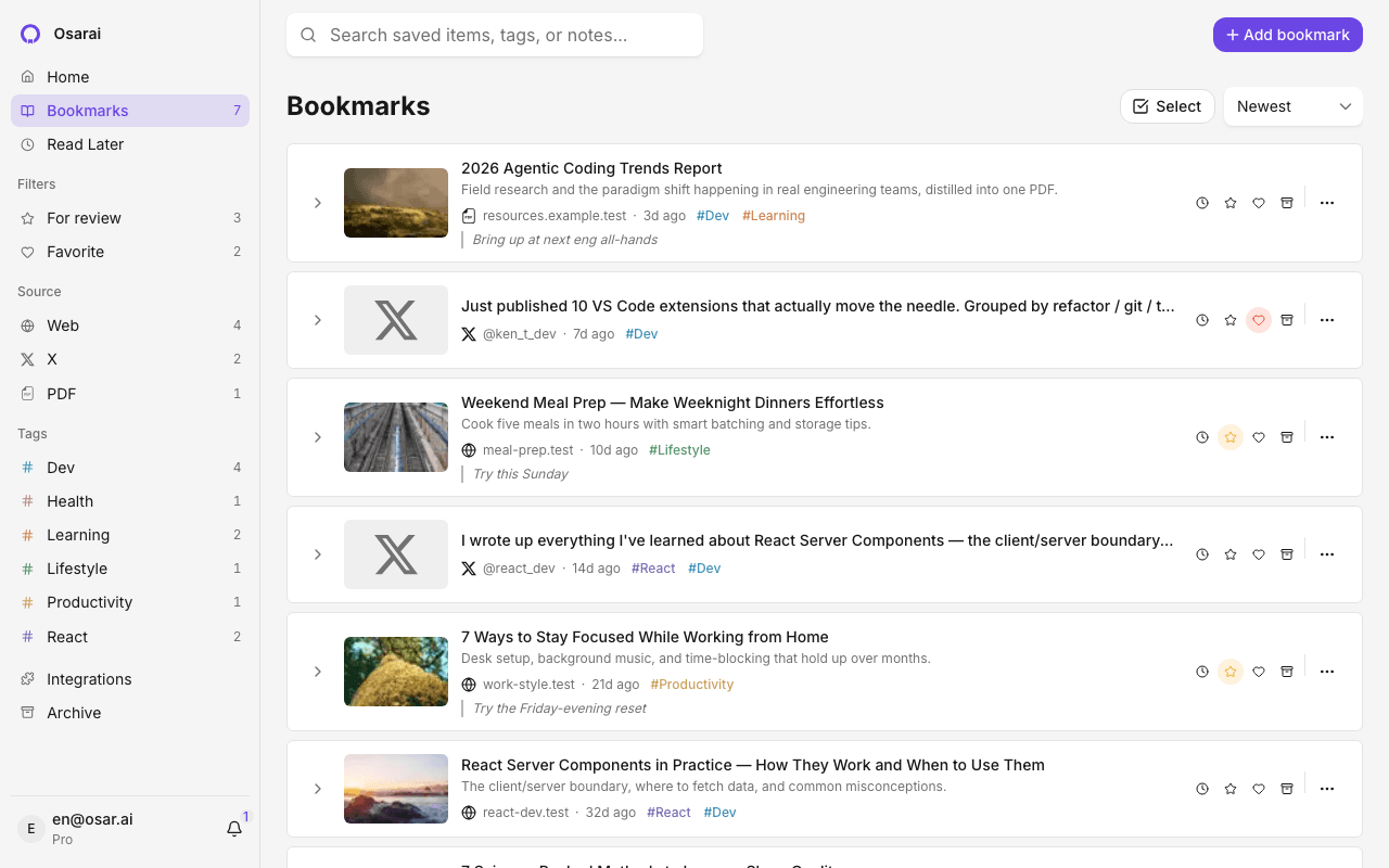 Osarai bookmark list view